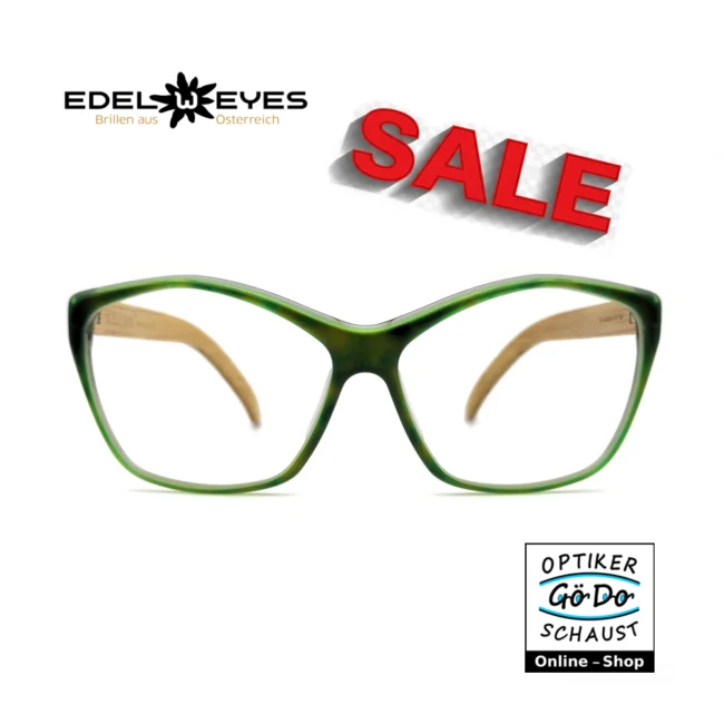 Damenbrille Edelweyes Modell Brandstein in Grün mit Bambus-Bügeln, Design zur Betonung der Augenbrauen, hochwertige Frauenbrille bei Optiker GöDoSchaust.