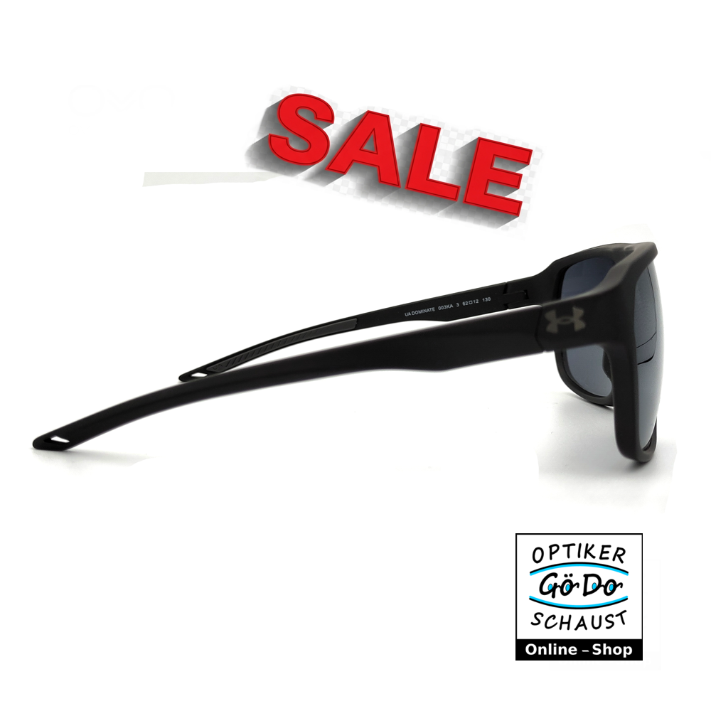 Seitenansicht der Under Armour UA Dominate Sonnenbrille mit Fokus auf die gummierten Bügel und das Under Armour Logo.