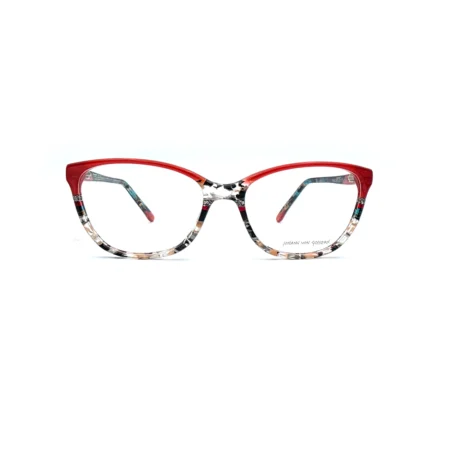 Johann von Goisern 676 N16 Cat-Eye-Brille in Rot mit buntem Muster, Vorderansicht