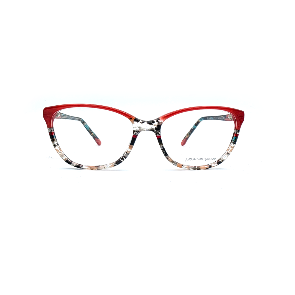 Johann von Goisern 676 N16 Cat-Eye-Brille in Rot mit buntem Muster, Vorderansicht