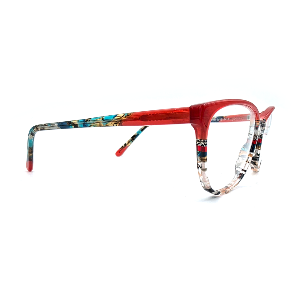 Johann von Goisern 676 N16 Cat-Eye-Brille in Rot mit buntem Muster, Seitenansicht