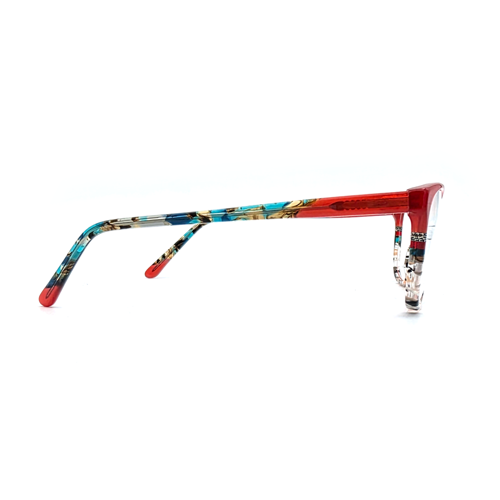 Johann von Goisern 676 N16 Cat-Eye-Brille in Rot mit buntem Muster, Seitenansicht