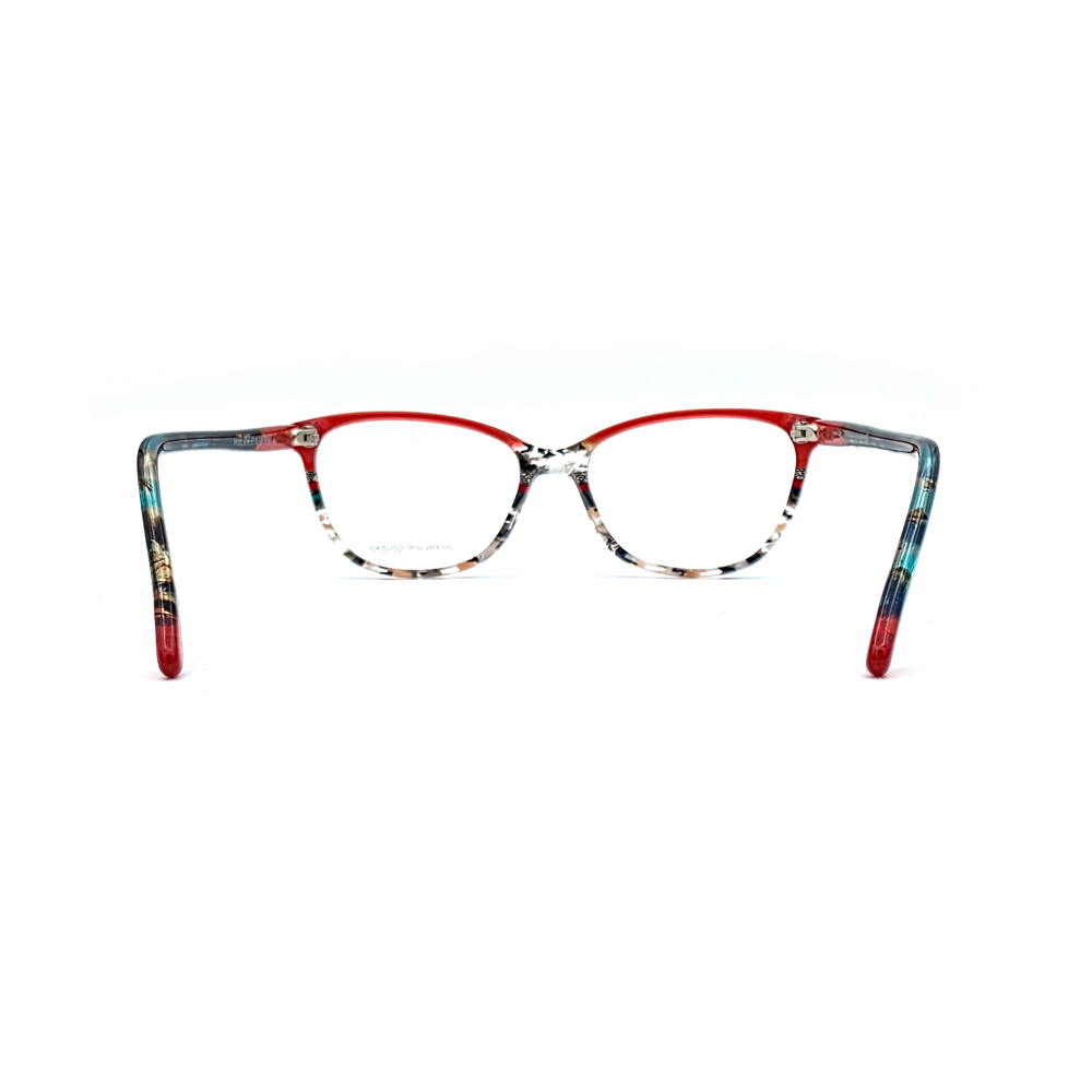 Johann von Goisern 676 N16 Cat-Eye-Brille in Rot mit buntem Muster, Rückansicht