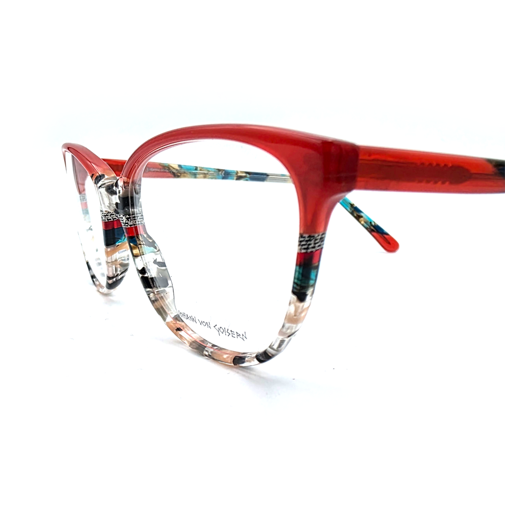 Johann von Goisern 676 N16 Cat-Eye-Brille in Rot mit buntem Muster, Seitenansicht gross