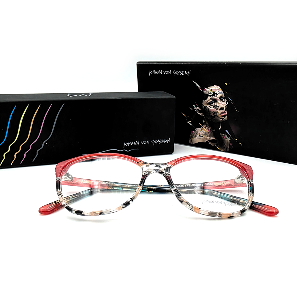 Johann von Goisern 676 N16 Cat-Eye-Brille in Rot mit buntem Muster, Vorderansicht mit Original-Etui